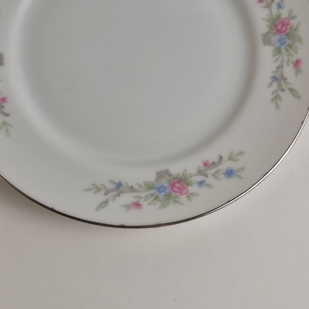 VINTAGE Florenteen Fine China Fantasia Plate Floral Pink Blue Silver Rim Japan - Picture 5 of 8